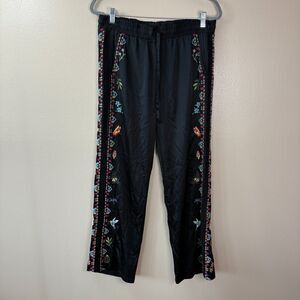 Johnny Was Black Embroidered Straight Leg Silk Pants